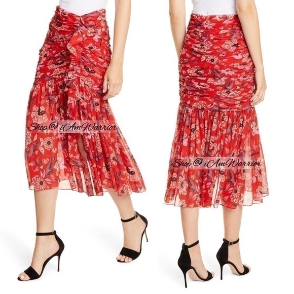 Cinq a Sept NWT ruched ruffle floral cherry red midi skirt *Shop@iAmWarrior - Picture 1 of 13